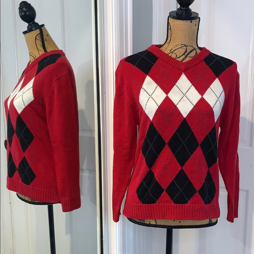 Vintage Y2K Red Black White Argyle V Neck Pullover Sweater M